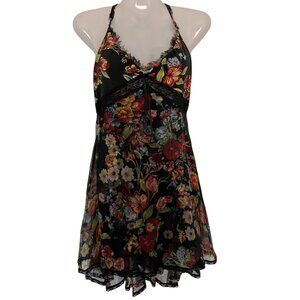 LIPSY LONDON slip mini dress sheer V-neck 100% silk black floral pattern ruffle